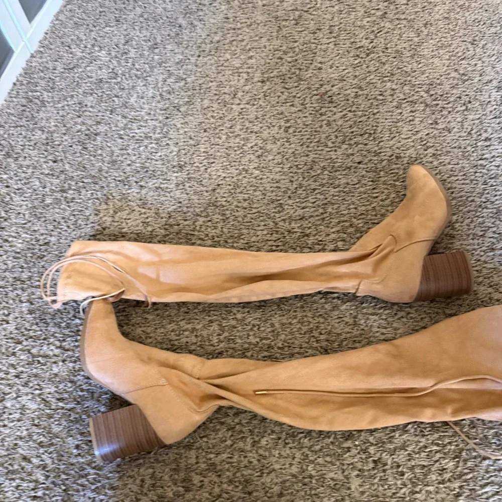 Kohl's Over The Knee Boots Women 6.5 Tan Good Faux Suede Block Heel Tie Back